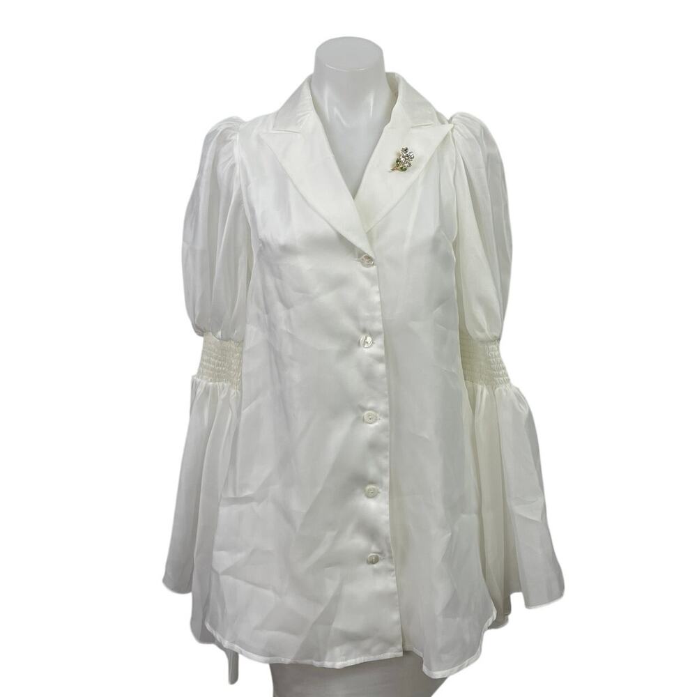 NEW Checocre White Long Puff Bell Sleeve Brooch Lapel Button Up Blouse Top 0
